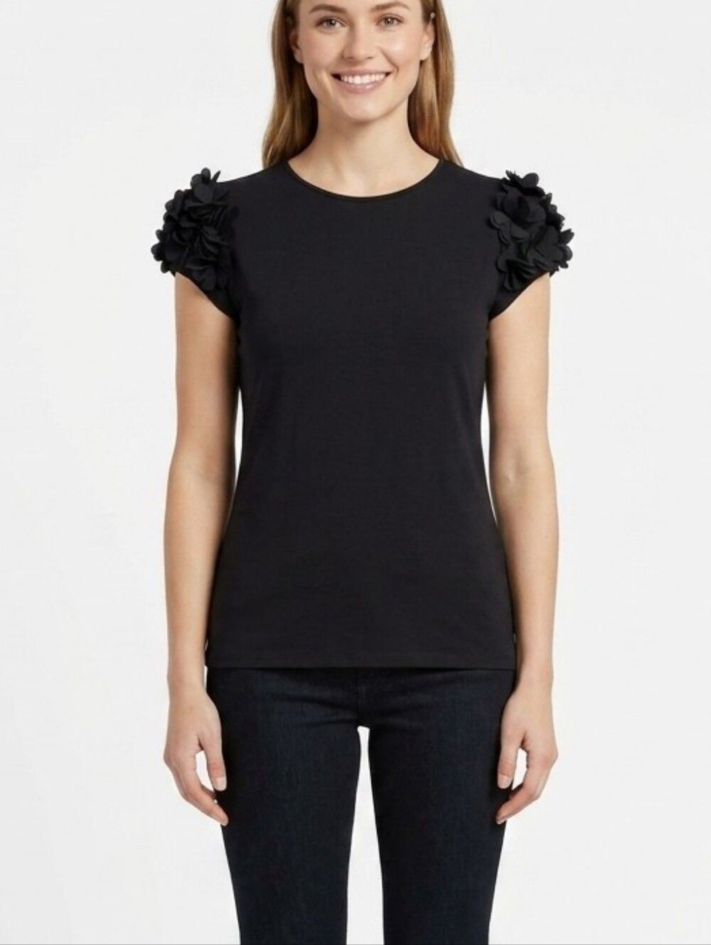 Ted Baker London Size 3 Medium Black 3D Floral Applique Short Sleeve Top